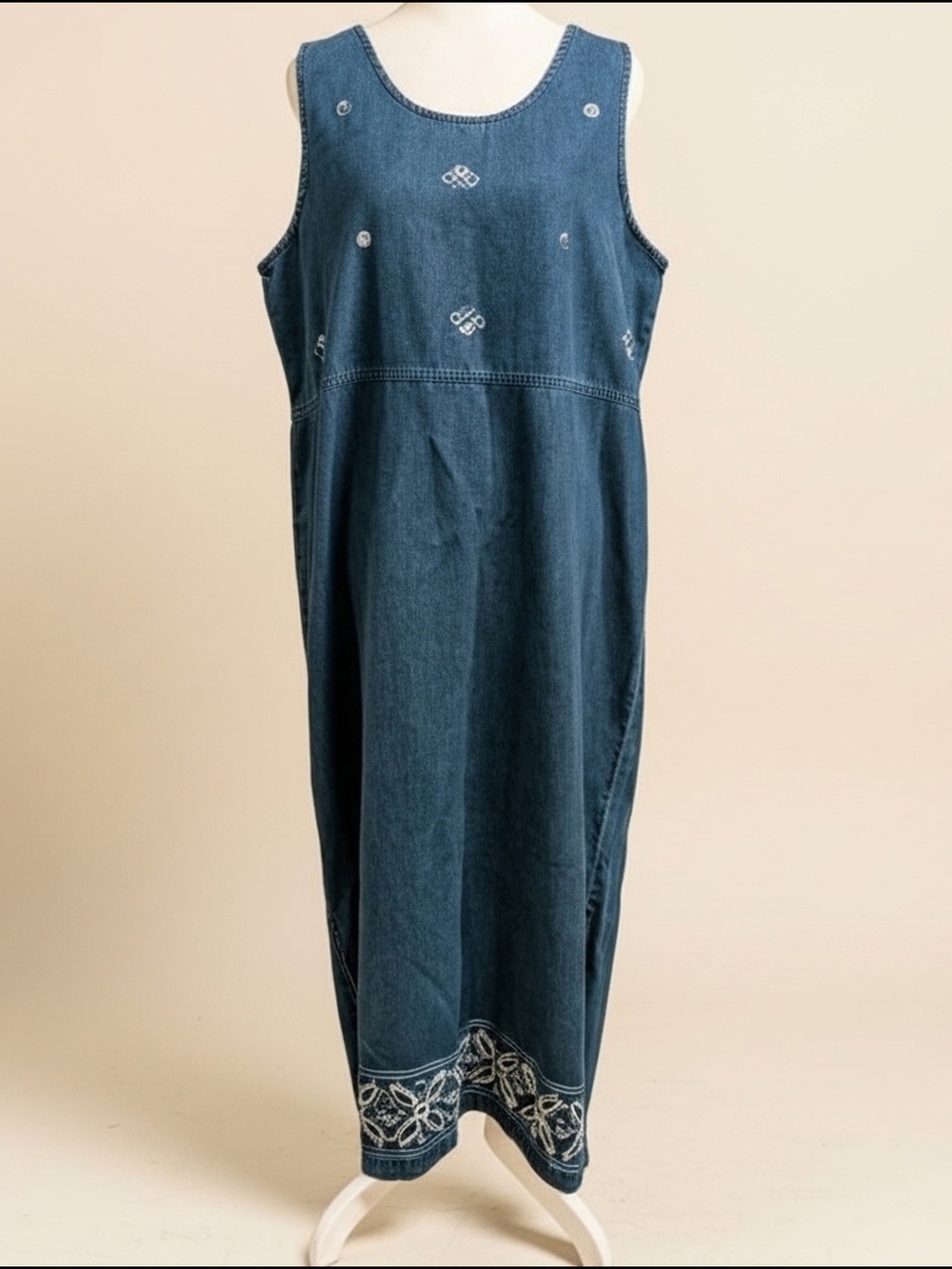 Vintage Embroidered Denim Maxi Dress in Dark Blue